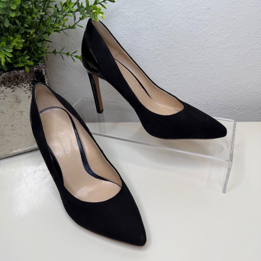 Karen Millen Pumps Womens Black Suede Patent Pointed Toe Stiletto Chic 38/7
